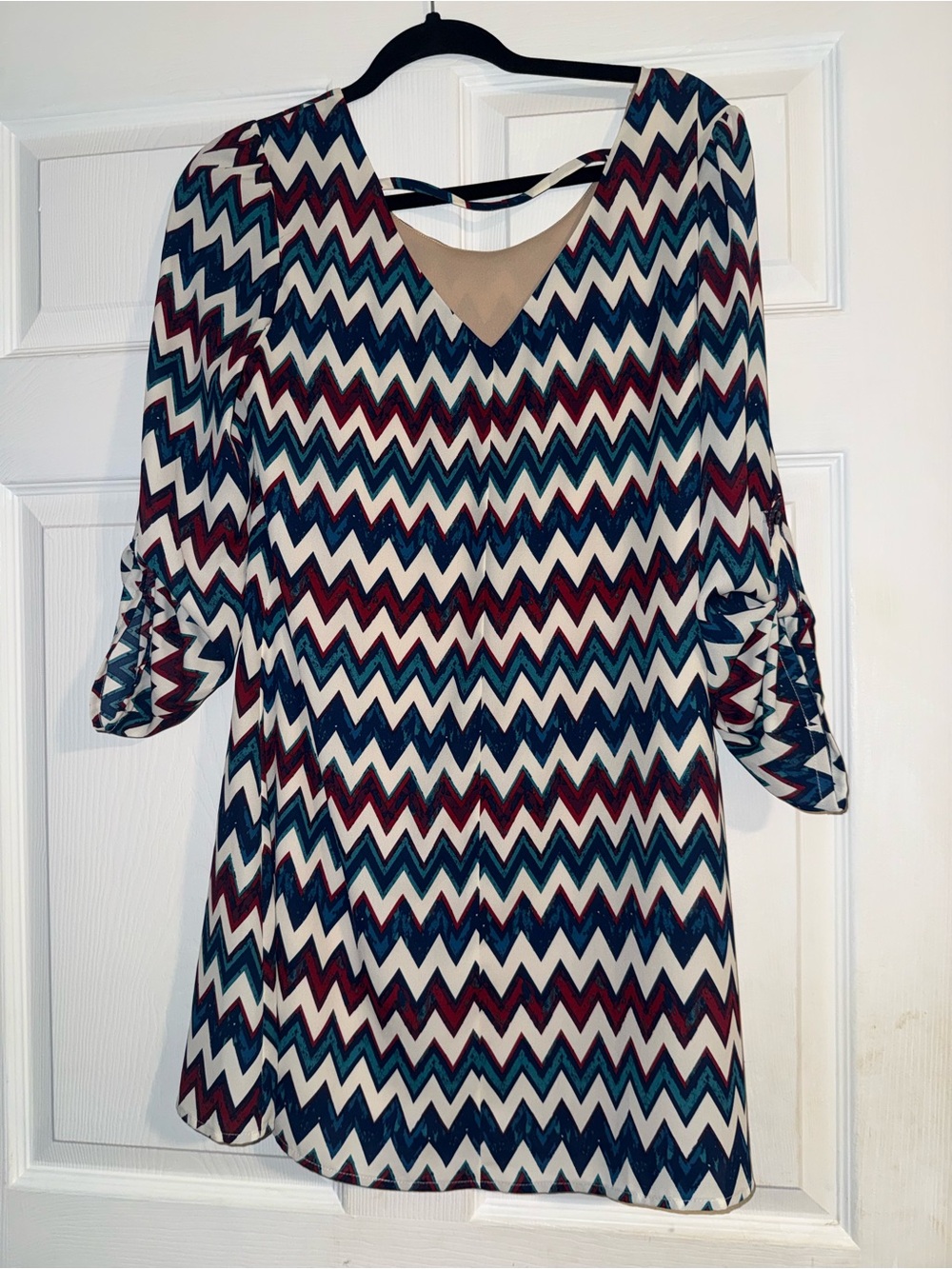 speck Chevron Mini Dress in Navy, Burgundy & Cream